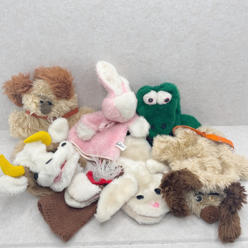 Vintage 1970s Russ Berrie Plush Hand Puppets Lot Allie Gator Dog Cow Bunny 7pc